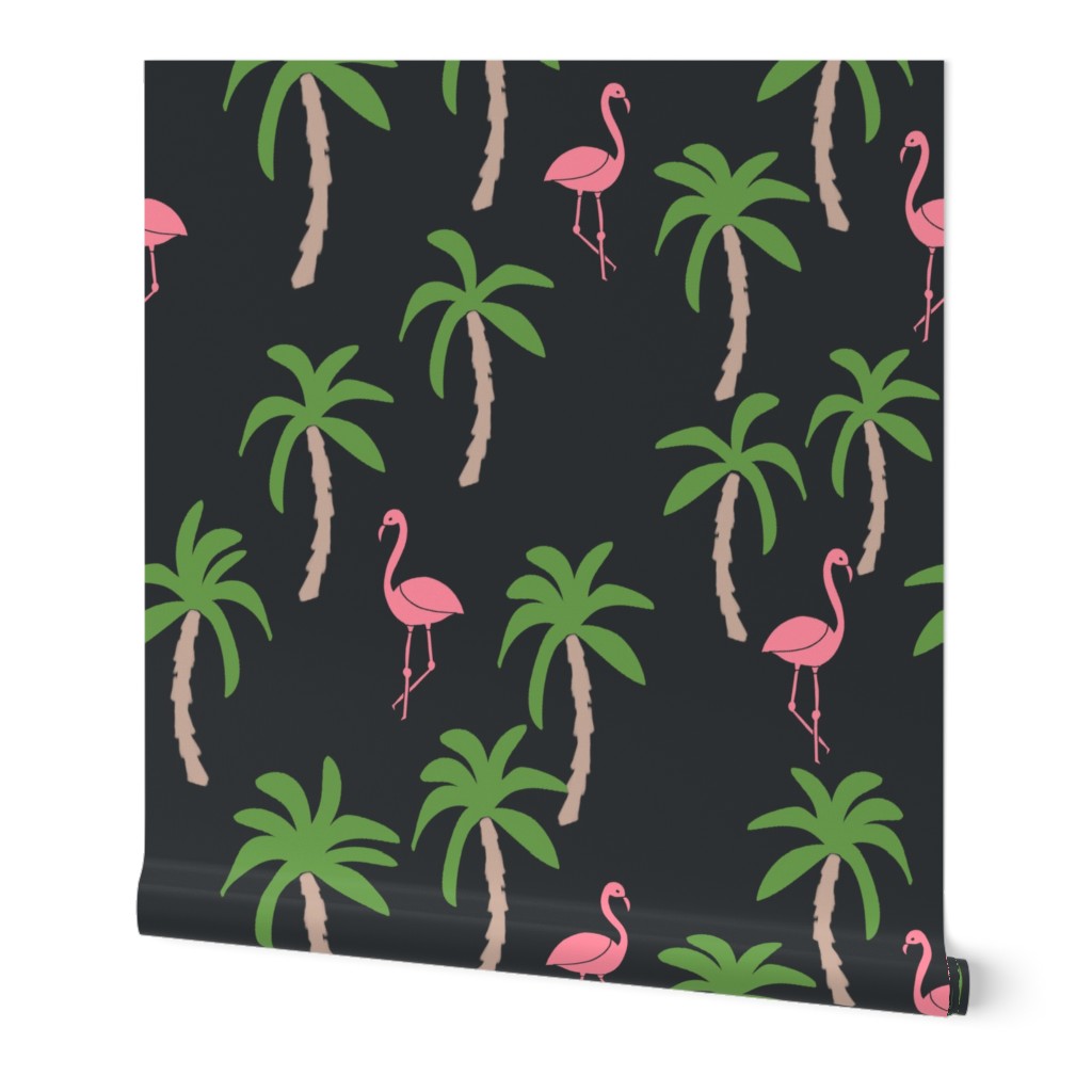 palm tree fabric // flamingo summer tropical print - charcoal