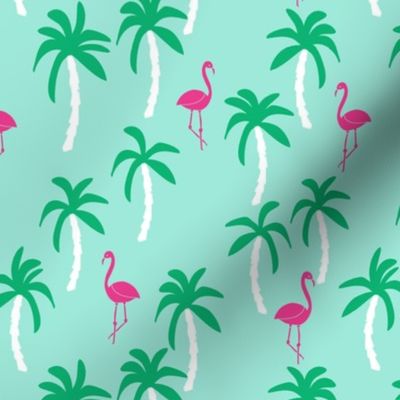 palm tree fabric // flamingo summer tropical print - bright ocean blue