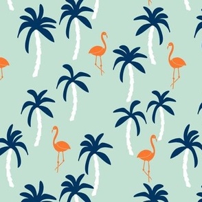 palm tree fabric // flamingo summer tropical print - orange and navy