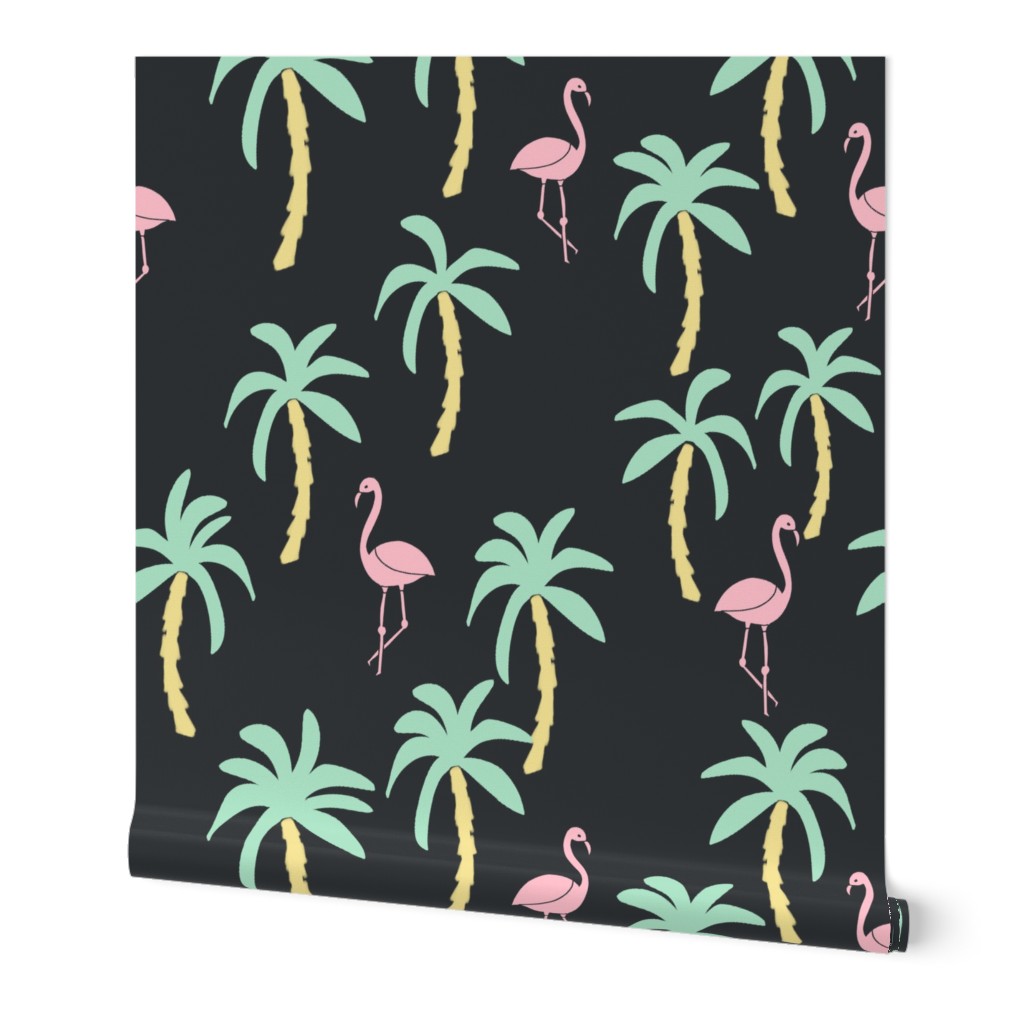 palm tree fabric // flamingo summer tropical print - pastel on charcoal