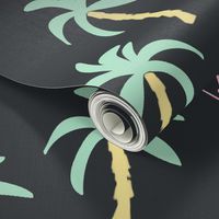 palm tree fabric // flamingo summer tropical print - pastel on charcoal