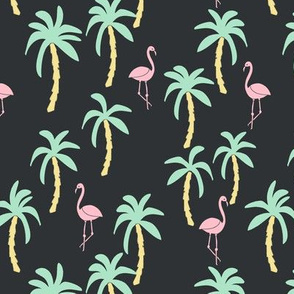 palm tree fabric // flamingo summer tropical print - pastel on charcoal