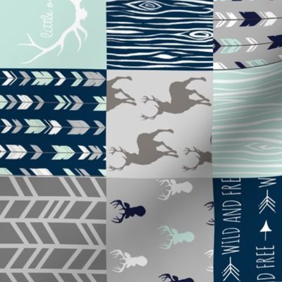 3" Rotated Patchwork Deer in mint, navy and grey