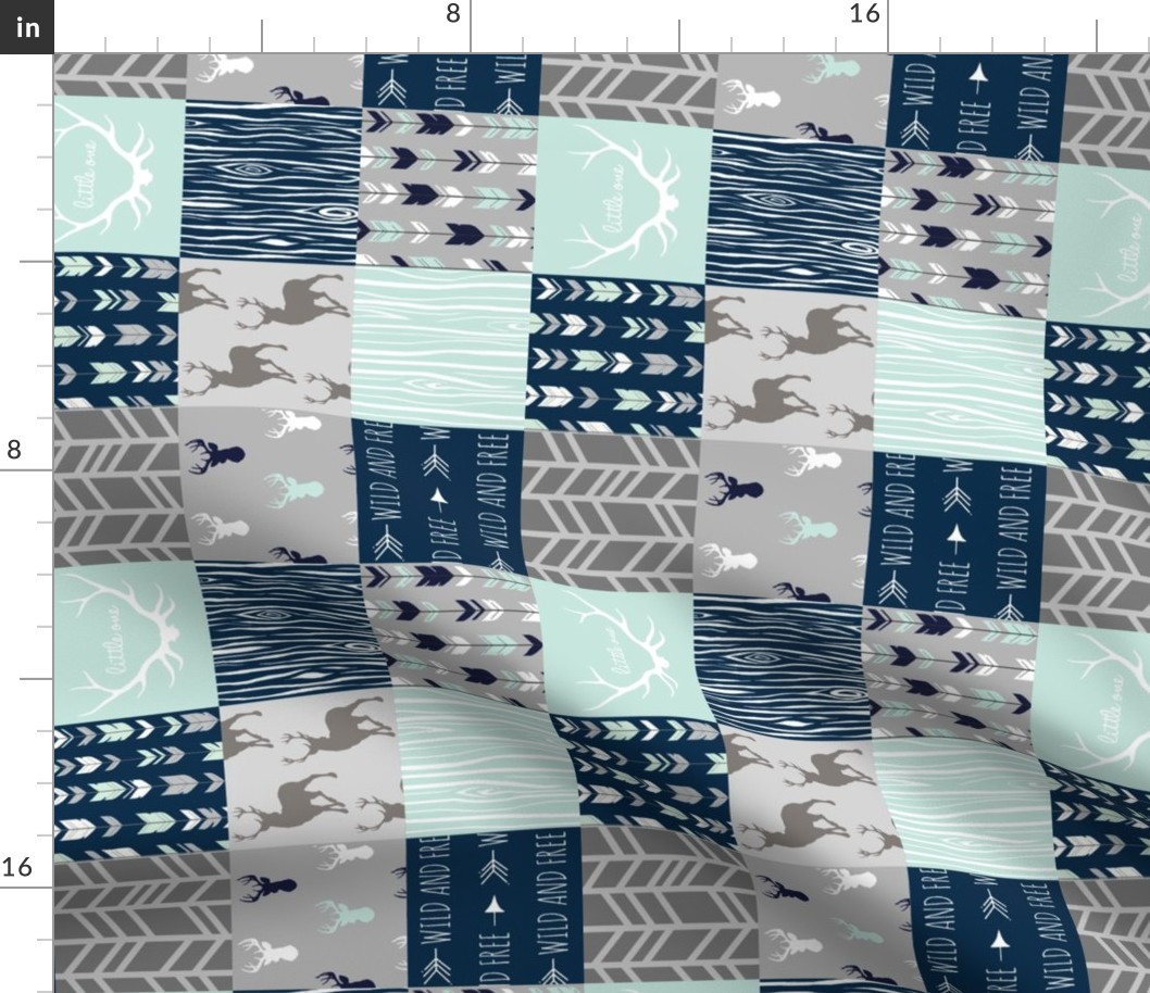 3" Rotated Patchwork Deer in mint, navy and grey