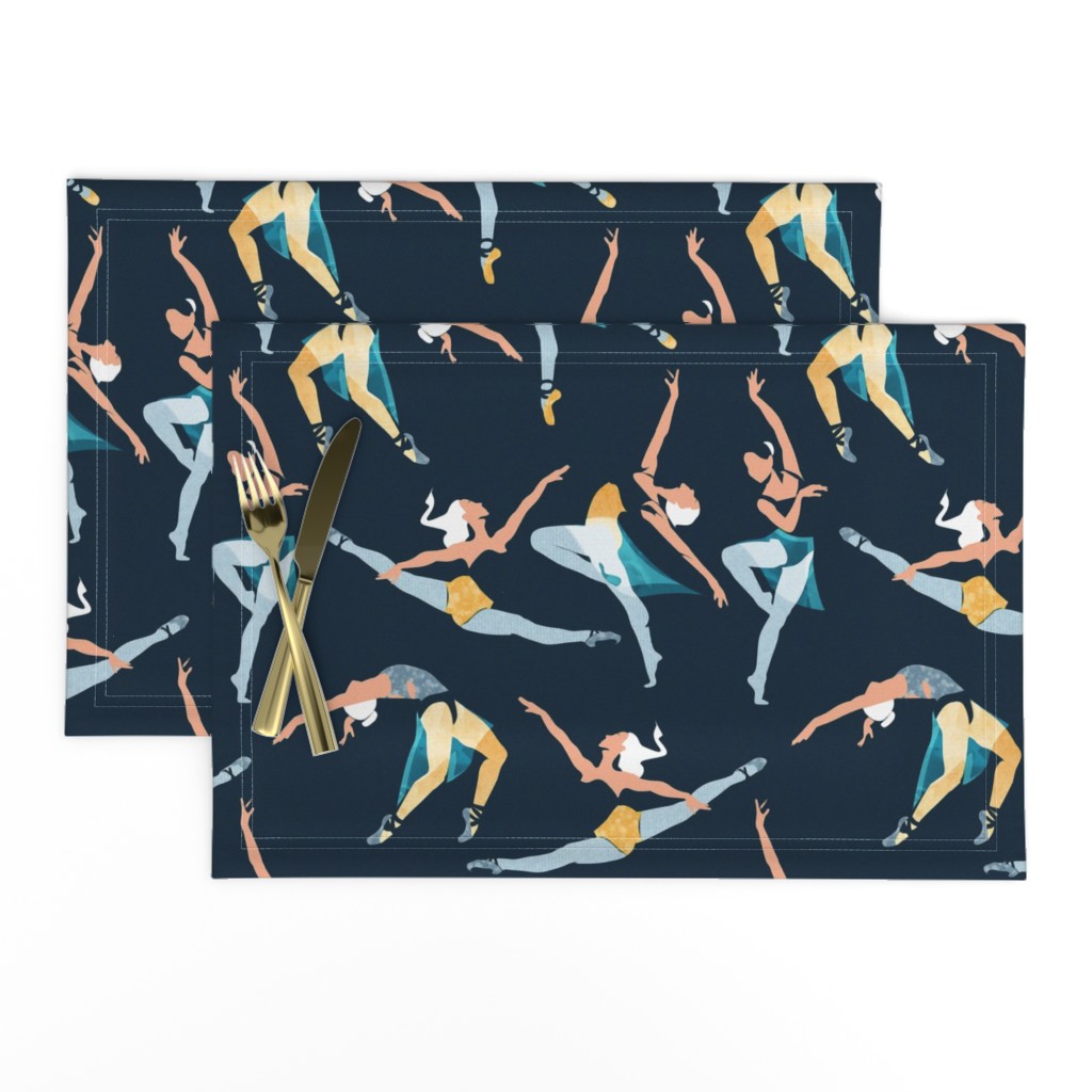 Normal scale // Suspended Rhythm // navy blue background blue and yellow ballet dancers