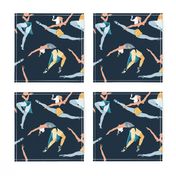 Normal scale // Suspended Rhythm // navy blue background blue and yellow ballet dancers