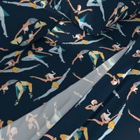 Normal scale // Suspended Rhythm // navy blue background blue and yellow ballet dancers