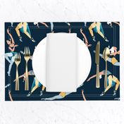 Normal scale // Suspended Rhythm // navy blue background blue and yellow ballet dancers