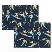 Normal scale // Suspended Rhythm // navy blue background blue and yellow ballet dancers