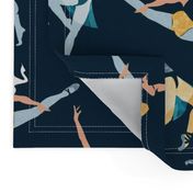 Normal scale // Suspended Rhythm // navy blue background blue and yellow ballet dancers