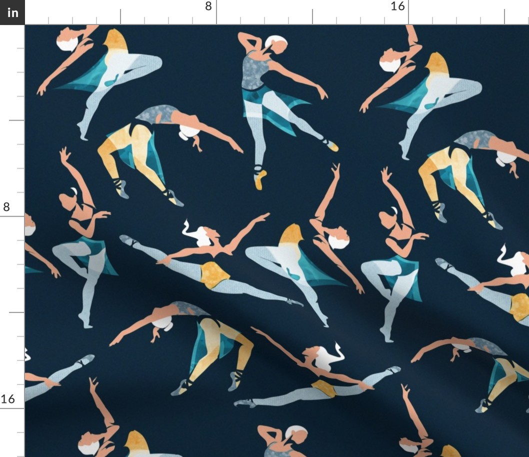 Normal scale // Suspended Rhythm // navy blue background blue and yellow ballet dancers