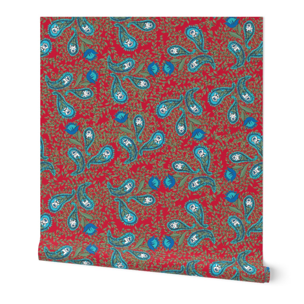 Allover Floral Paisley Turquoise on Red