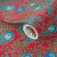 Allover Floral Paisley Turquoise on Red