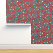 Allover Floral Paisley Turquoise on Red