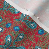 Allover Floral Paisley Turquoise on Red
