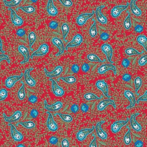 Allover Floral Paisley Turquoise on Red