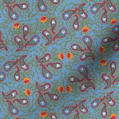 Allover Floral Paisley Red on Blue