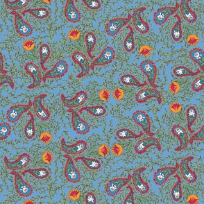 Allover Floral Paisley Red on Blue