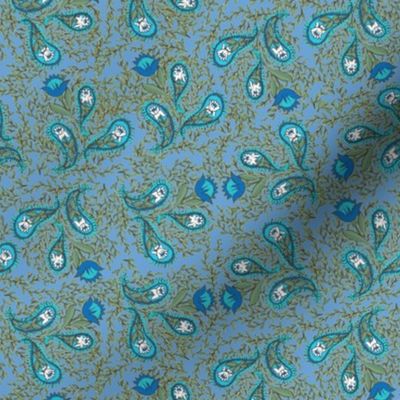 Allover Floral Paisley Turquoise on Blue