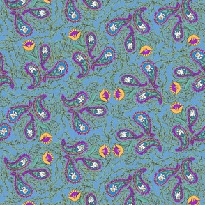 Allover Floral Paisley Purple on Blue