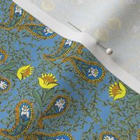 Allover Floral Paisley Yellow on Blue