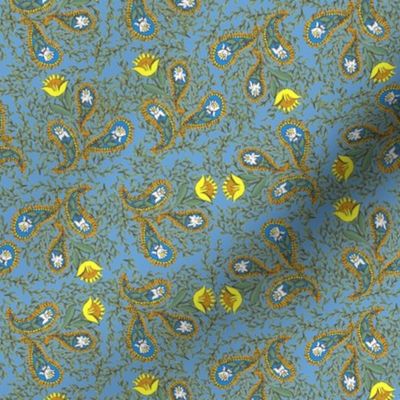 Allover Floral Paisley Yellow on Blue