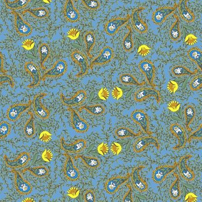 Allover Floral Paisley Yellow on Blue