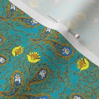 Allover Floral Paisley Yellow on Turquoise