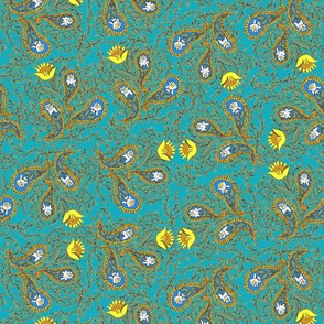 Allover Floral Paisley Yellow on Turquoise