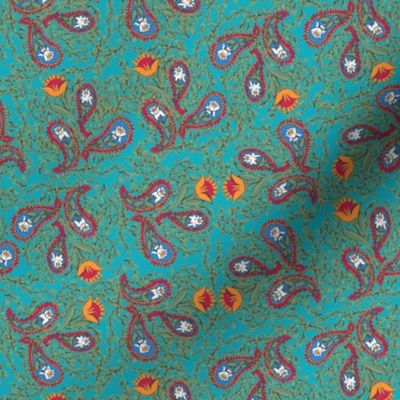 Allover Floral Paisley Red on Turquoise