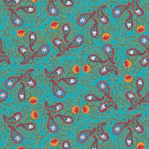 Allover Floral Paisley Red on Turquoise