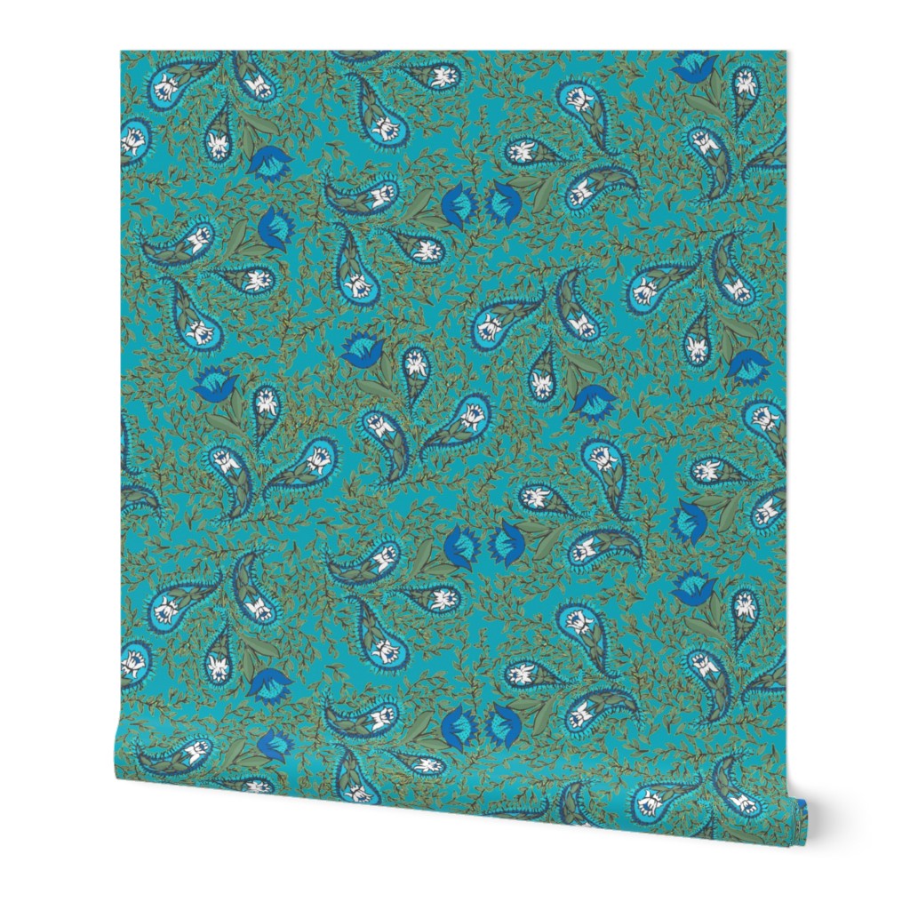 Allover Floral Paisley Turquoise on Turquoise