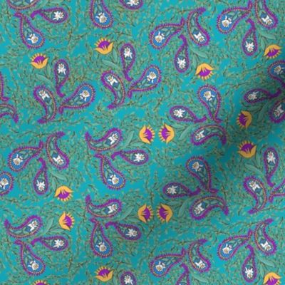 Allover Floral Paisley Purple on Turquoise