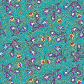 Allover Floral Paisley Purple on Turquoise