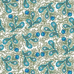 Allover Floral Paisley Turquoise on White