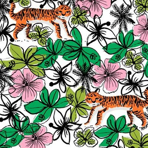 tropical tigers fabric // hibiscus palms palm plants summer print by andrea lauren - orange tiger