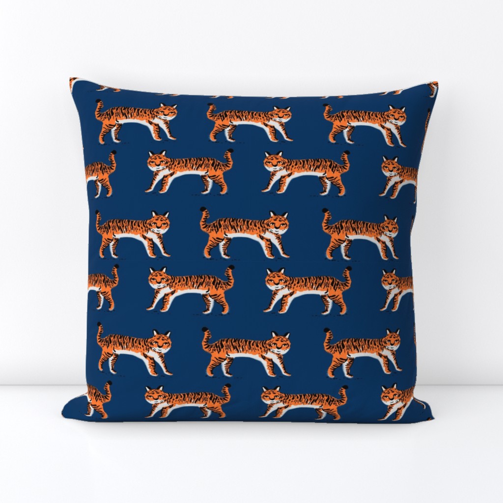 tiger fabric // tigers animals safari fabric - navy and orange