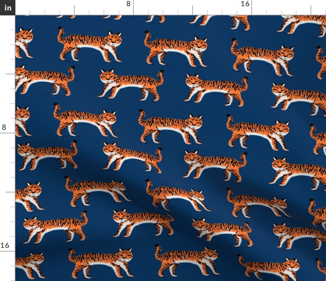 tiger fabric // tigers animals safari fabric - navy and orange