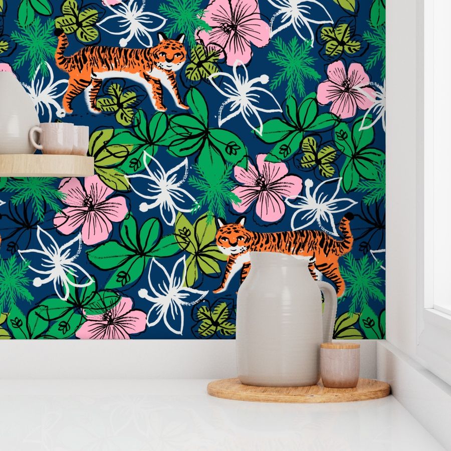 tropical tigers fabric // hibiscus palms palm plants summer print by andrea lauren - navy and orange