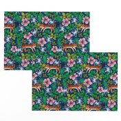 tropical tigers fabric // hibiscus palms palm plants summer print by andrea lauren - navy and orange