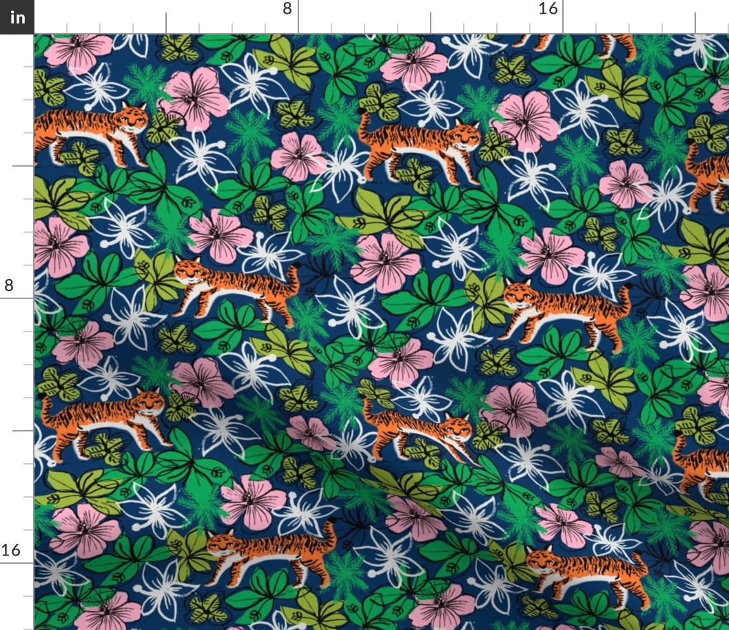 tropical tigers fabric // hibiscus palms palm plants summer print by andrea lauren - navy and orange
