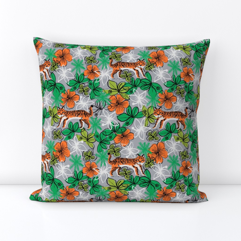 tropical tigers fabric // hibiscus palms palm plants summer print by andrea lauren - grey and orange