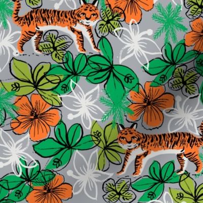 tropical tigers fabric // hibiscus palms palm plants summer print by andrea lauren - grey and orange