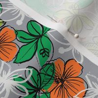 tropical tigers fabric // hibiscus palms palm plants summer print by andrea lauren - grey and orange