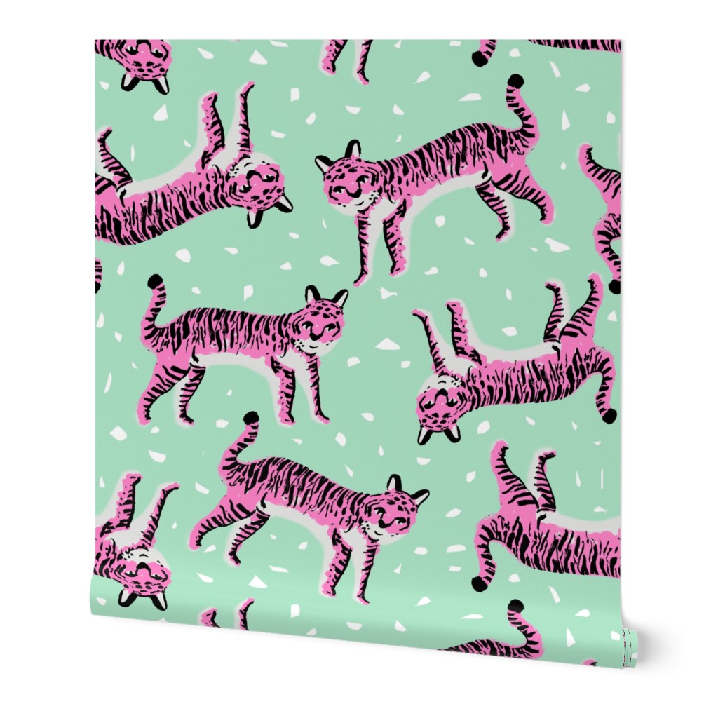 tigers fabric // tiger animal safari fabric andrea lauren - mint and pink