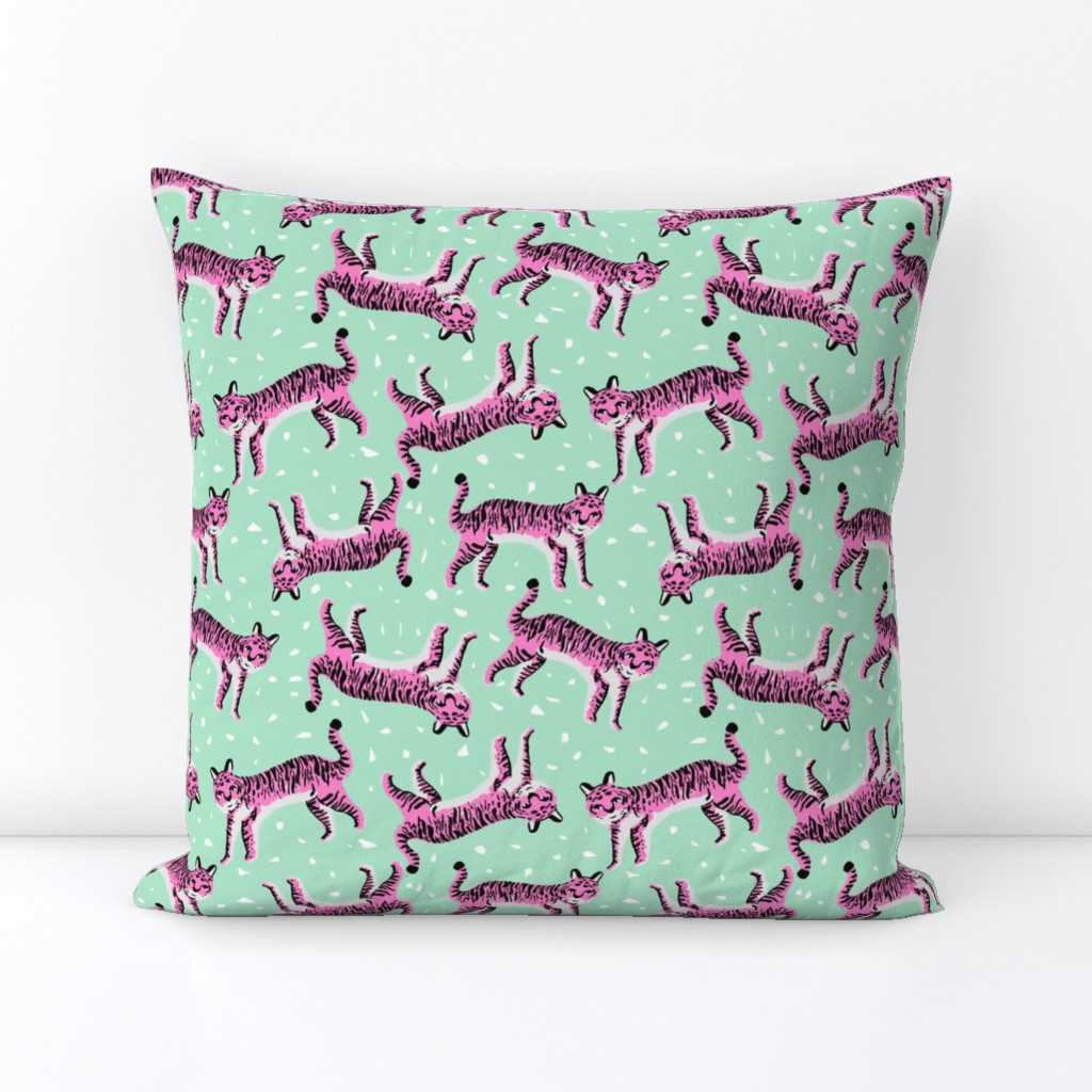 tigers fabric // tiger animal safari fabric andrea lauren - mint and pink