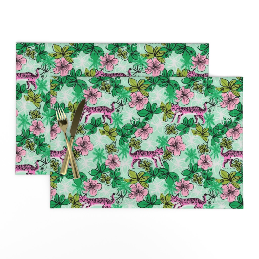 tropical tigers fabric // hibiscus palms palm plants summer print by andrea lauren - pink and mint