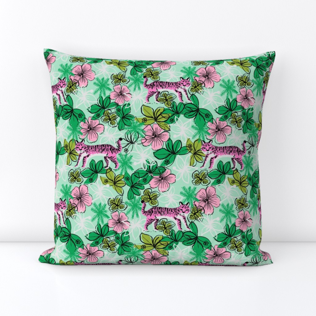 tropical tigers fabric // hibiscus palms palm plants summer print by andrea lauren - pink and mint