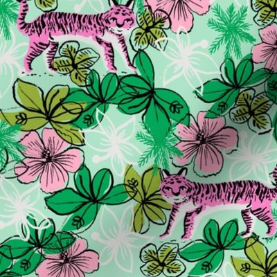 tropical tigers fabric // hibiscus palms palm plants summer print by andrea lauren - pink and mint