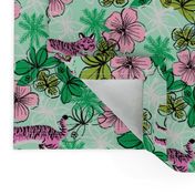 tropical tigers fabric // hibiscus palms palm plants summer print by andrea lauren - pink and mint